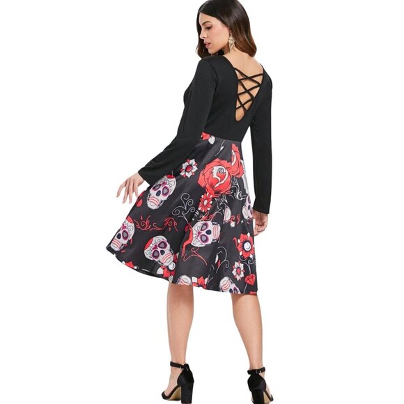 Sugar Skull Gothic Halloween Dress – Criss-Cross Back Long Sleeve Red Black | 2X - Picture 5 of 8